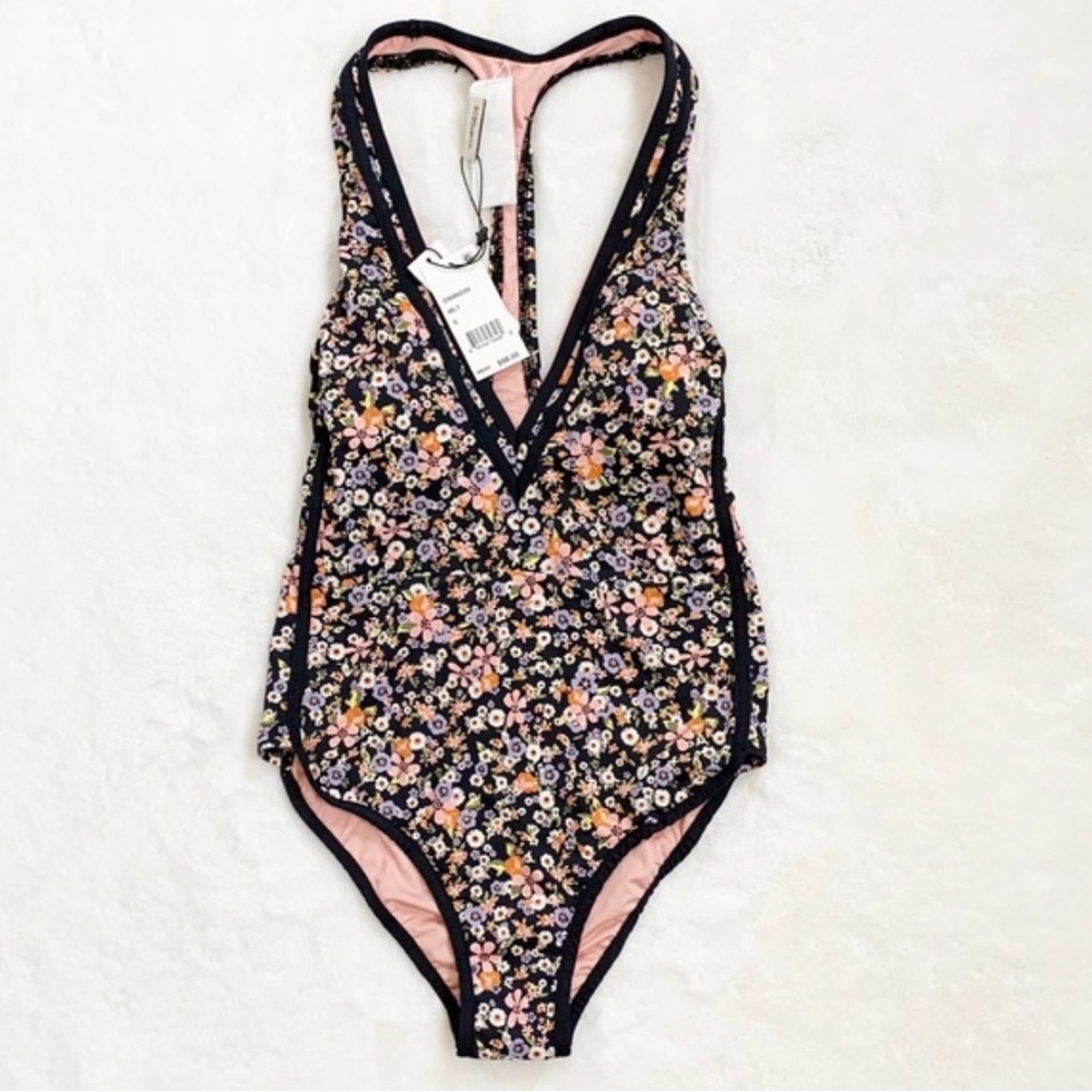 NWT BCBG Black Floral Printed Deep V Bathing Suit - Picture 8 of 12
